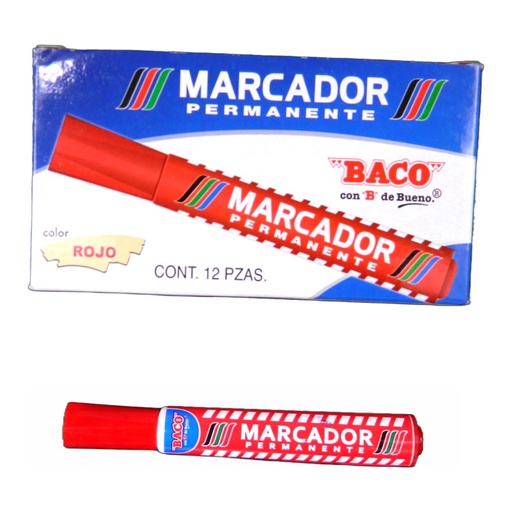 [003012] Marcador Permanente Plastico Rojo C/ 12 pzs Baco