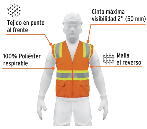 [004304] Chaleco C/ Cinta Doble 2" Maxima Visibilidad C/ Cierre y Bolsas Naranja 13475 Truper