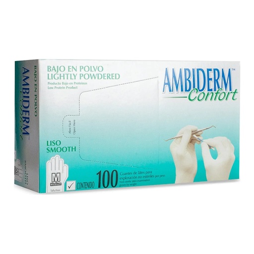 [004484] Guante Latex Confort Blanco Bajo en Polvo Mediano C/ 100 pzs Ambiderm