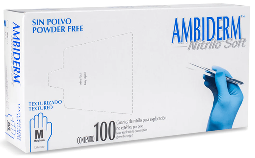 [004498] Guante Nitrilo Soft Azul Libre de Polvo Mediano C/ 100 pzs Ambiderm