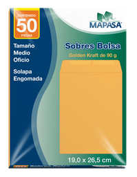 [004869] Sobre Bolsa Golden T/ 1/2 Oficio 19 x 26.5 cms C/ 50 pzs Arpapel