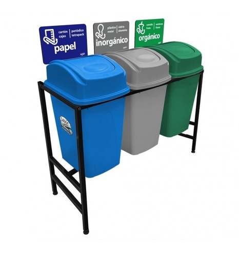 [7893] Centro Separacion Cesto Basura 3X65 Lts Balancin Lateral Gris-Verde-Azul Sablon