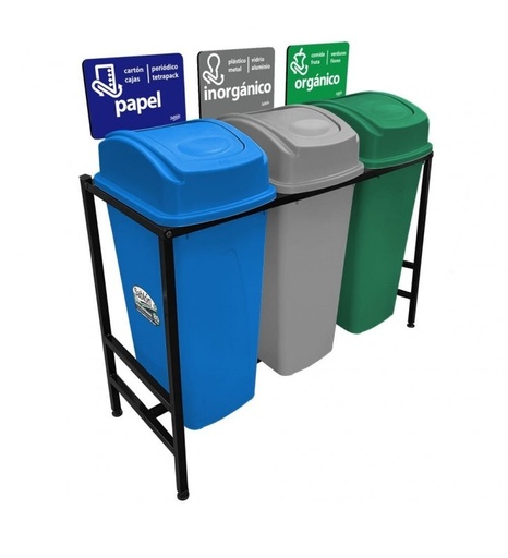 [7873] Centro Separacion Cesto Basura 3X80 Litros Balancin Lateral Gris-Verde-Azul Sablon