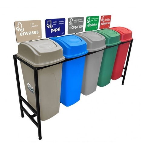 [7875] Centro Separacion Cesto Basura 5X80 Litros Balancin Lateral Gris-Verde-Azul-Capuchino-Rojo Sablon