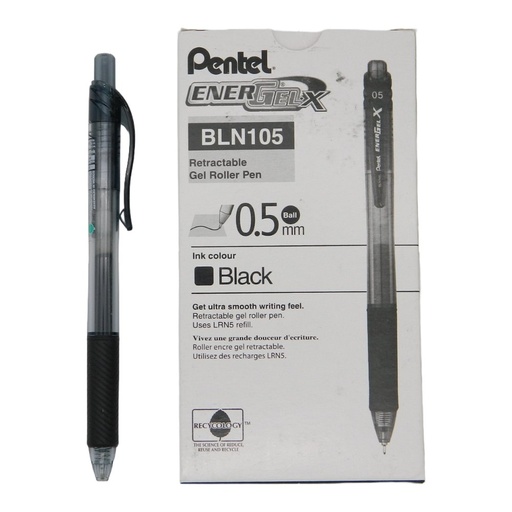 [000409] Pluma Energel 0.5 mm P/ Fino Retractil Negro C/ 12 pzs BLN105 Pentel