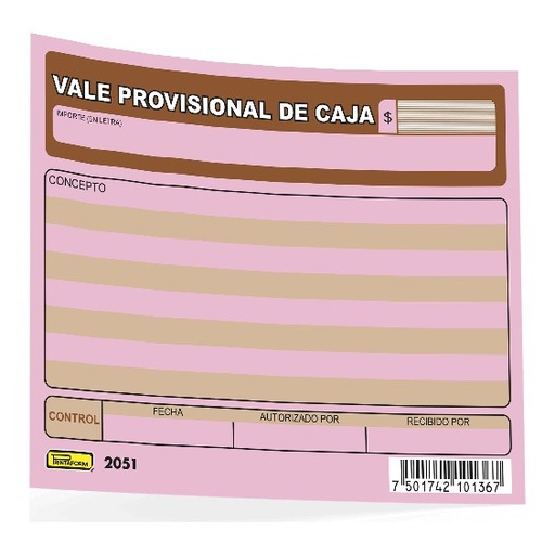 [001034] Vale Provisional Caja C/ 50 hjs Printaform