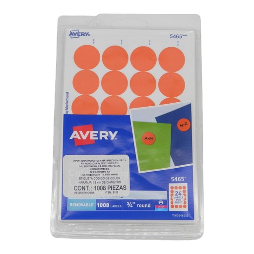 [001165] Etiqueta Redonda 3/4 Naranja C/ 1,008 etiquetas Avery