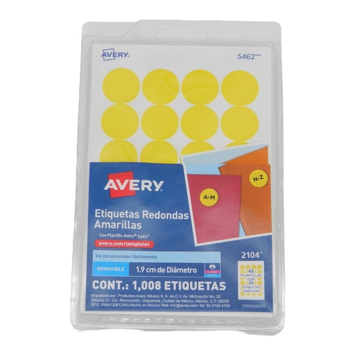[001166] Etiqueta Redonda 3/4 Amarilla C/ 1,008 etiquetas Avery