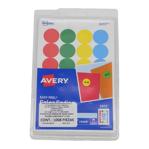 [001167] Etiqueta Redonda 3/4 Colores C/ 1,008 etiquetas Avery