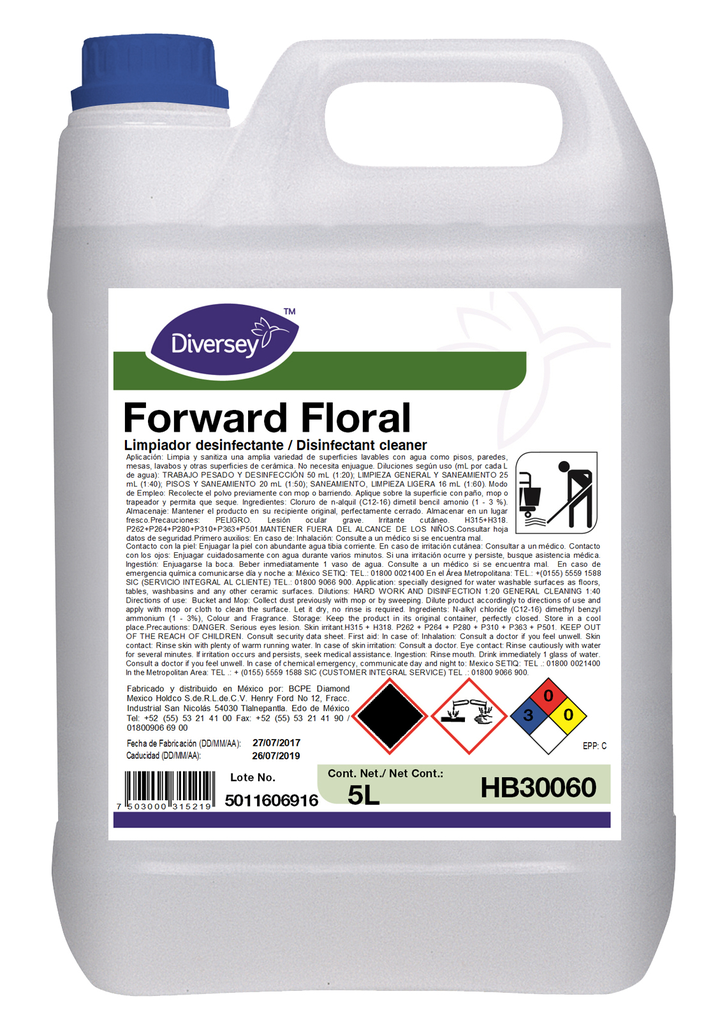 Limpiador Desinfectante Multiusos Forward Floral 5 lts C/ 4 pzs Diversey