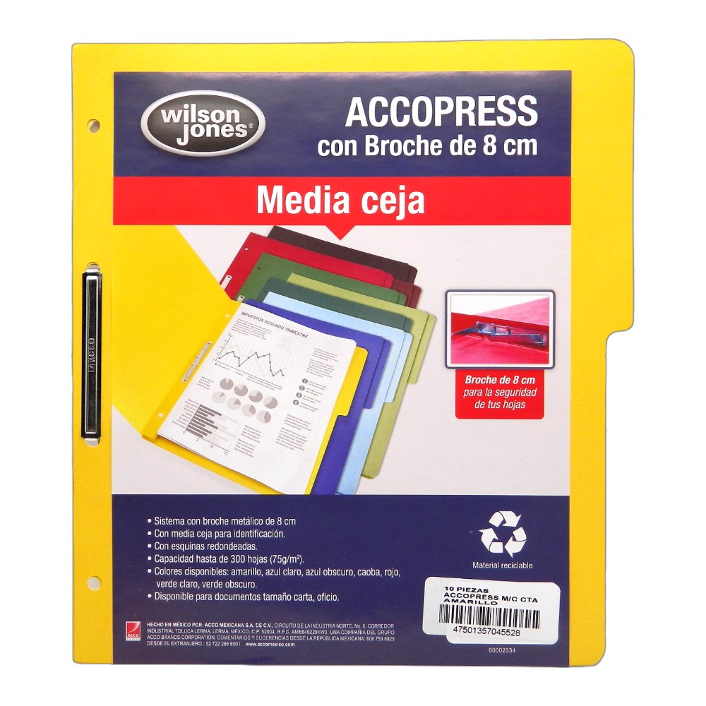 Folder Accopress C/ Broche T/ Carta Amarillo C/ 10 pzs Acco