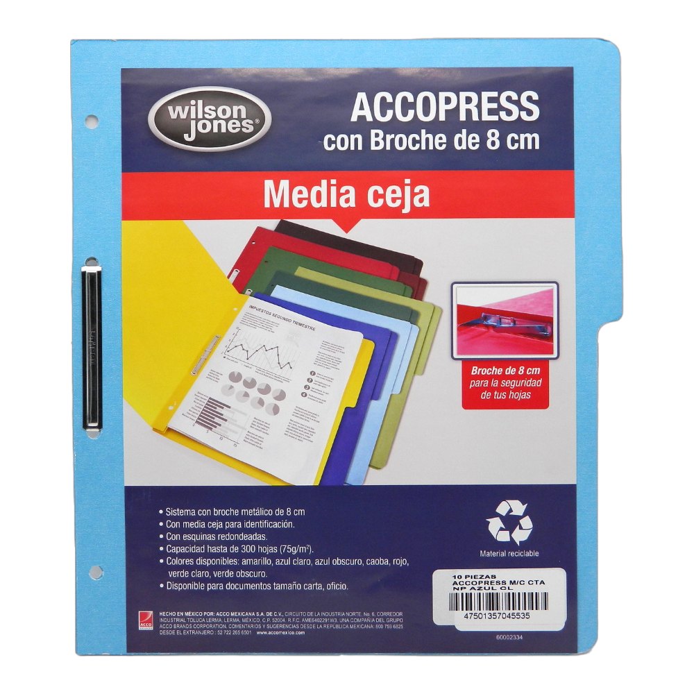 Folder Accopress C/ Broche T/ Carta Azul Claro C/ 10 pzs Acco