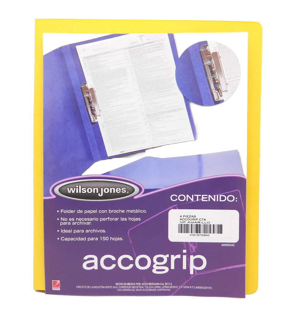 Folder Accogrip C/ Palanca T/ Carta Amarillo C/ 4 pzs Acco