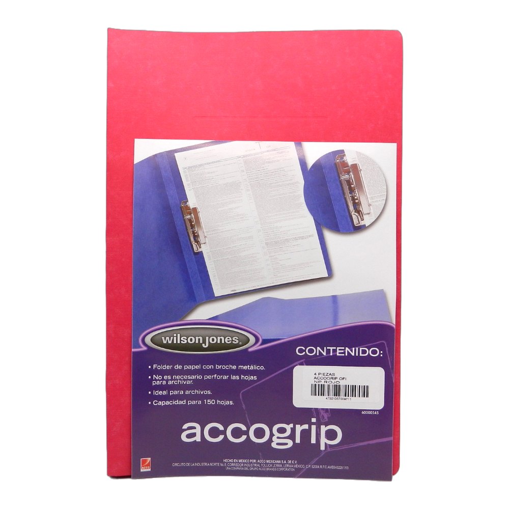 Folder Accogrip C/ Palanca T/ Oficio Rojo C/ 4 pzs Acco