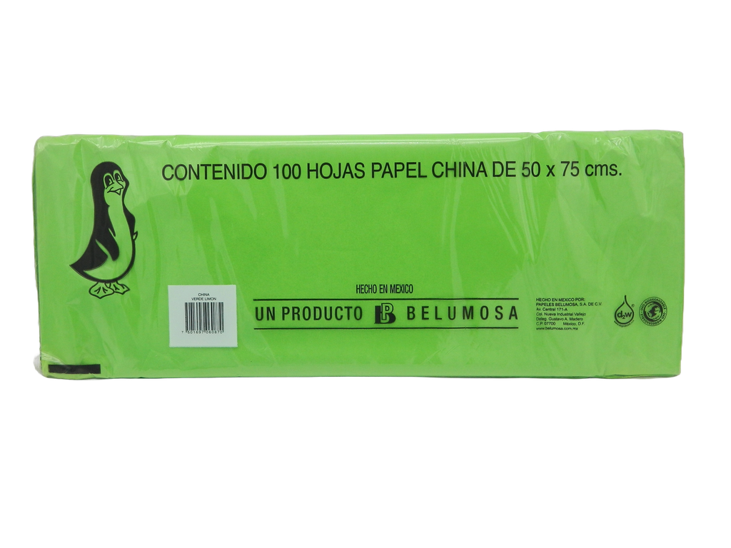 Papel China Pingüino 50x75 cms Verde Limon C/ 100 pzs Belumosa