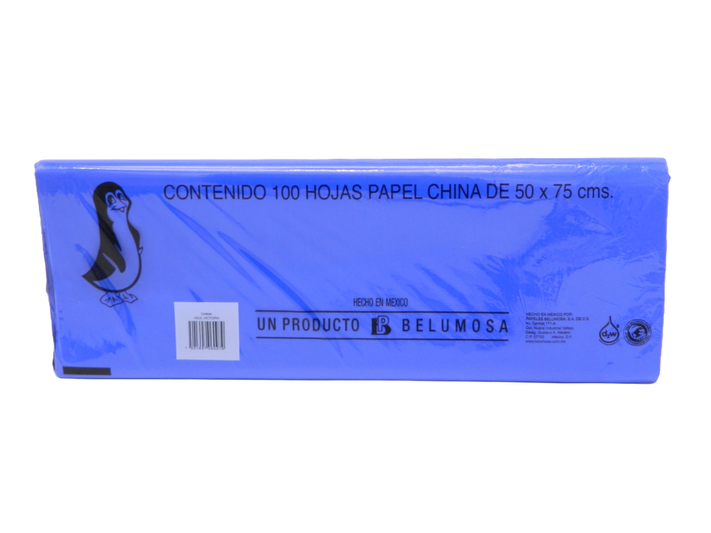 Papel China Pingüino 50x75 cms Azul Victoria C/ 100 pzs Belumosa