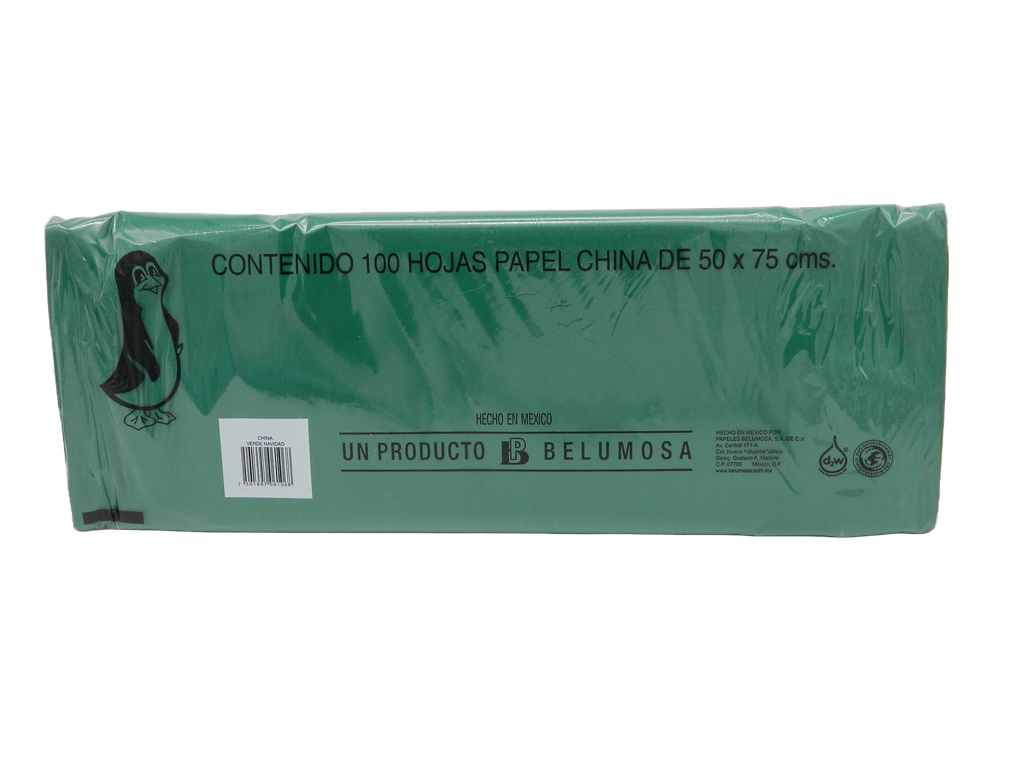 Papel China Pingüino 50x75 cms Verde Navidad C/ 100 pzs Belumosa