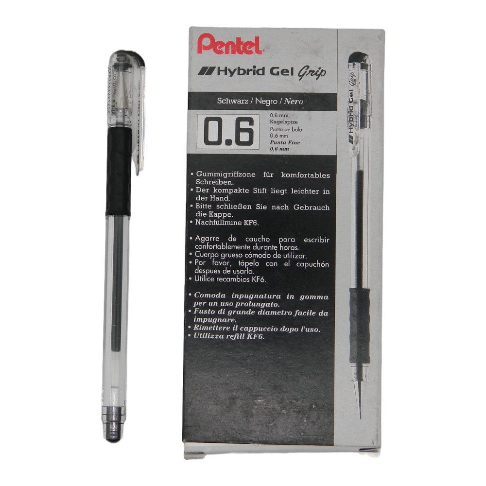 Pluma Hybrid Gel Grip 0.6 mm P/ Fino Negro C/ 12 pzs Pentel
