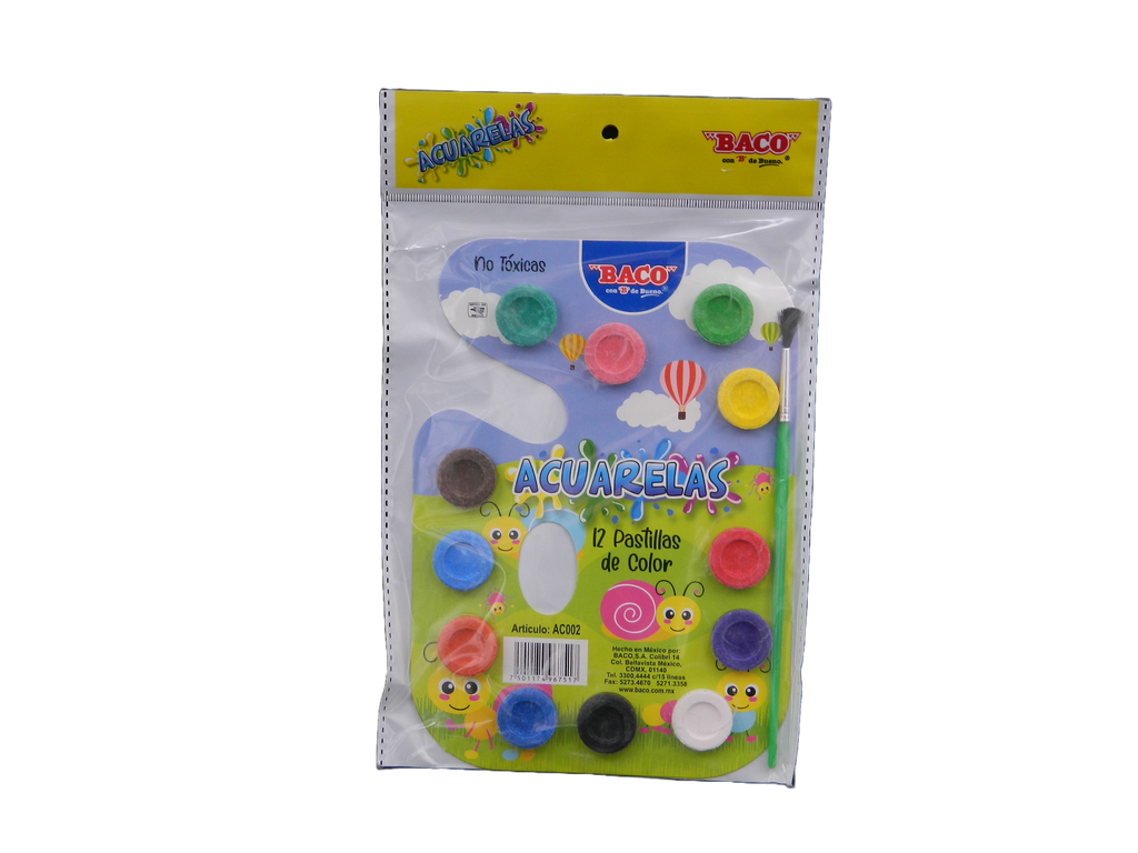 Acuarelas C/ 12 Colores C/ 10 pzs Baco