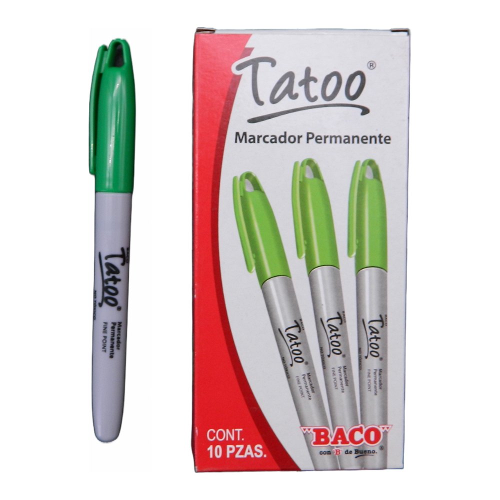 Marcador Permanente P/ Fino Tatoo Verde C/ 12 pzs Baco