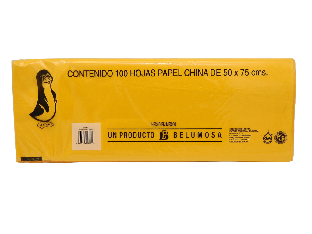 Papel China Pingüino 50x75 cms Amarillo Fuerte C/ 100 pzs Belumosa