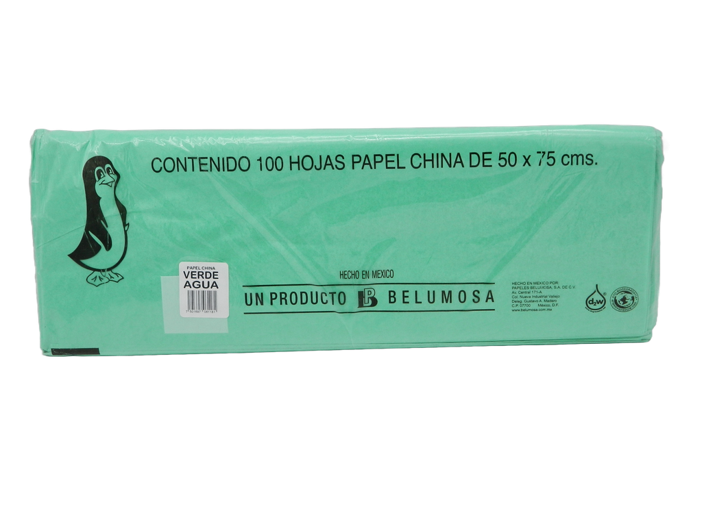 Papel China Pingüino 50x75 cms Verde Agua C/ 100 pzs Belumosa