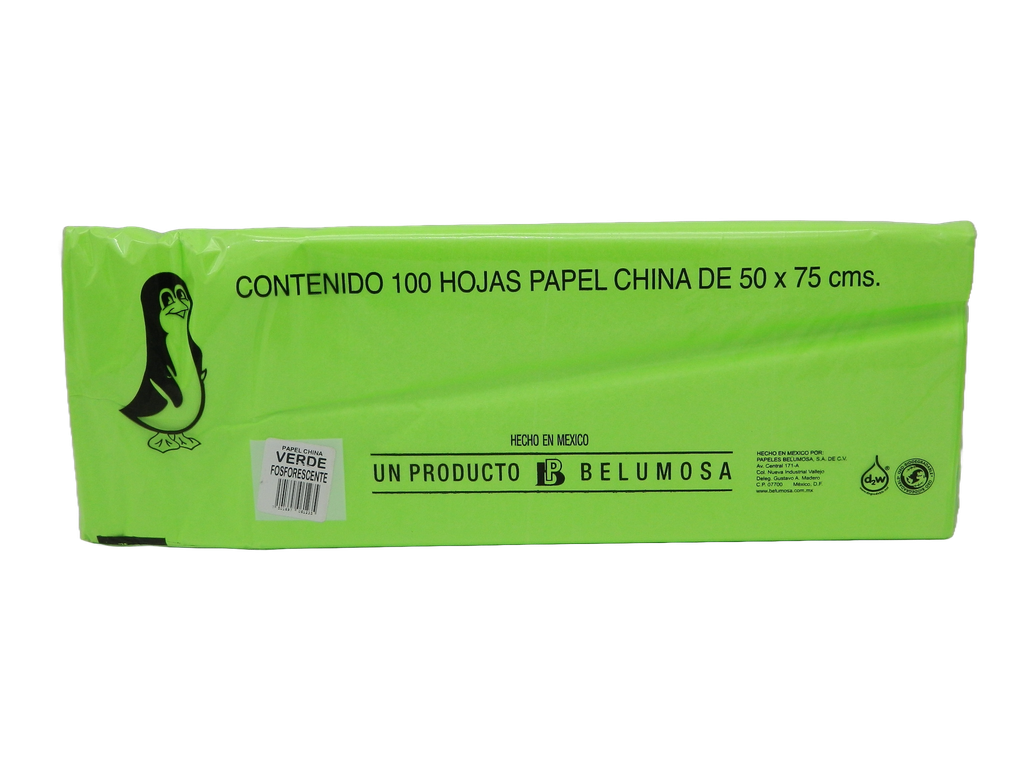 Papel China Pingüino 50x75 cms Verde Fosforescente C/ 100 pzs Belumosa