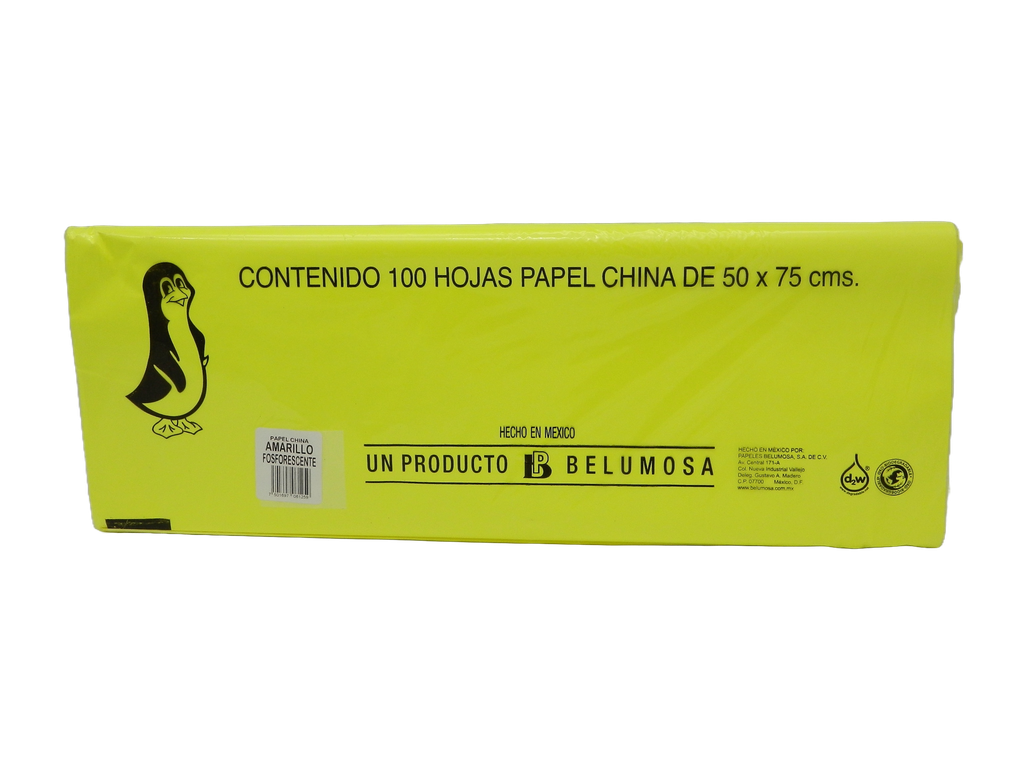 Papel China Pingüino 50x75 cms Amarillo Fosforescente C/ 100 pzs Belumosa