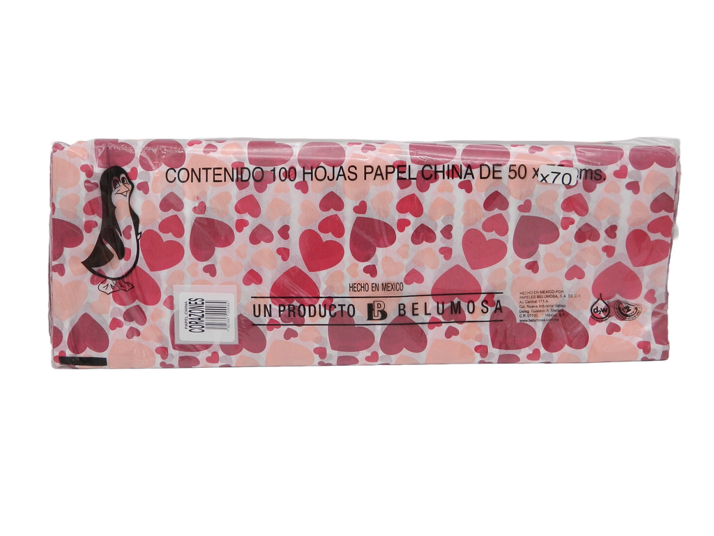 Papel China Pingüino 50x75 cms Corazones C/ 100 pzs Belumosa