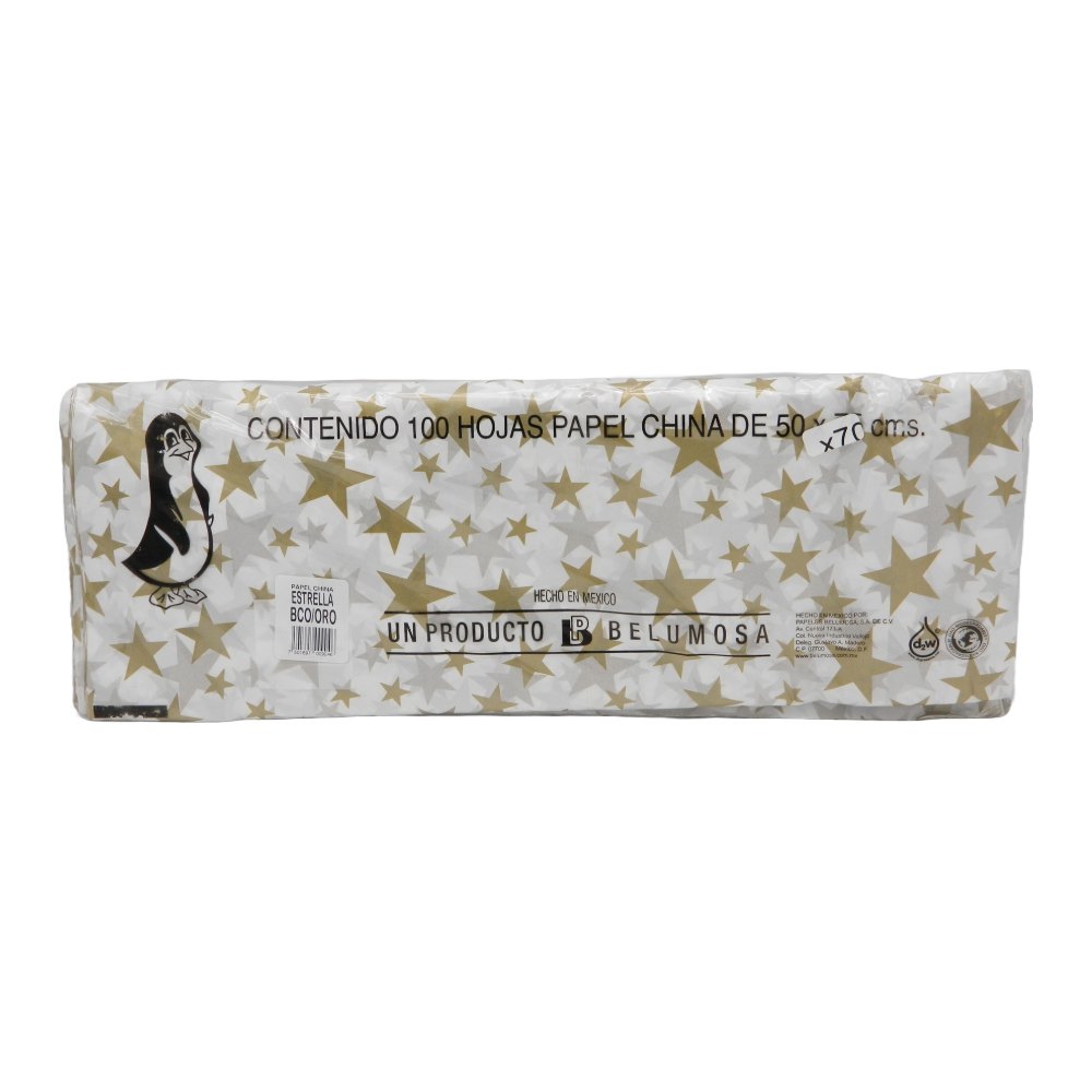 Papel China Pingüino 50x75 cms Estrellas Oro C/ 100 pzs Belumosa