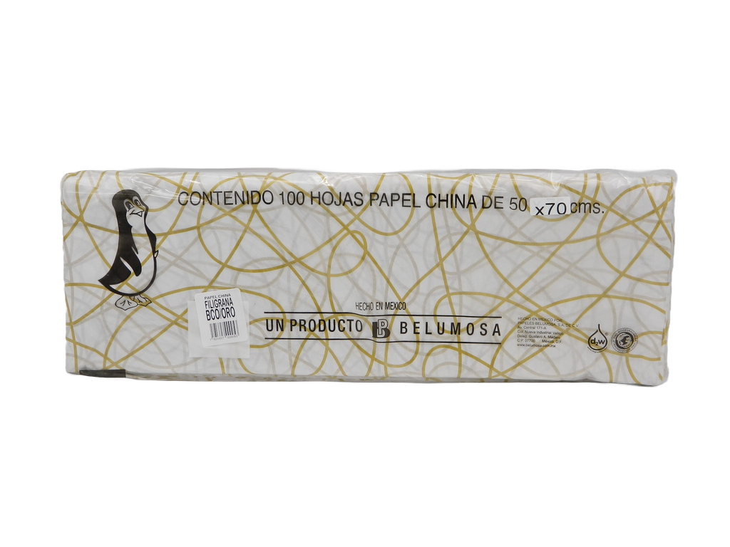 Papel China Pingüino 50x75 cms Filigrana Oro C/ 100 pzs Belumosa