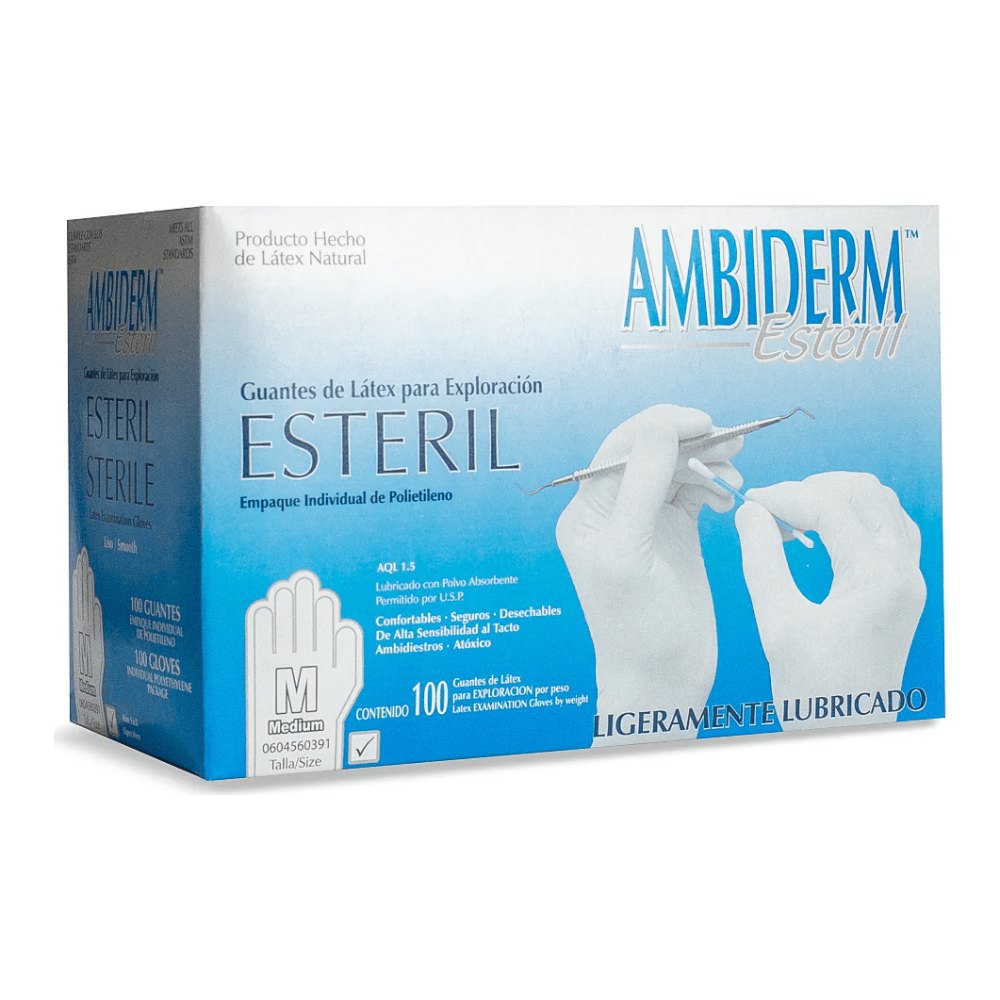 Guante Latex Esteril Exploracion Blanco Bajo en Polvo Mediano C/ 100 pzs Ambiderm