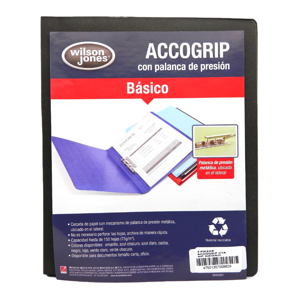 Folder Accogrip C/ Palanca T/ Carta Negro C/ 4 pzs Acco