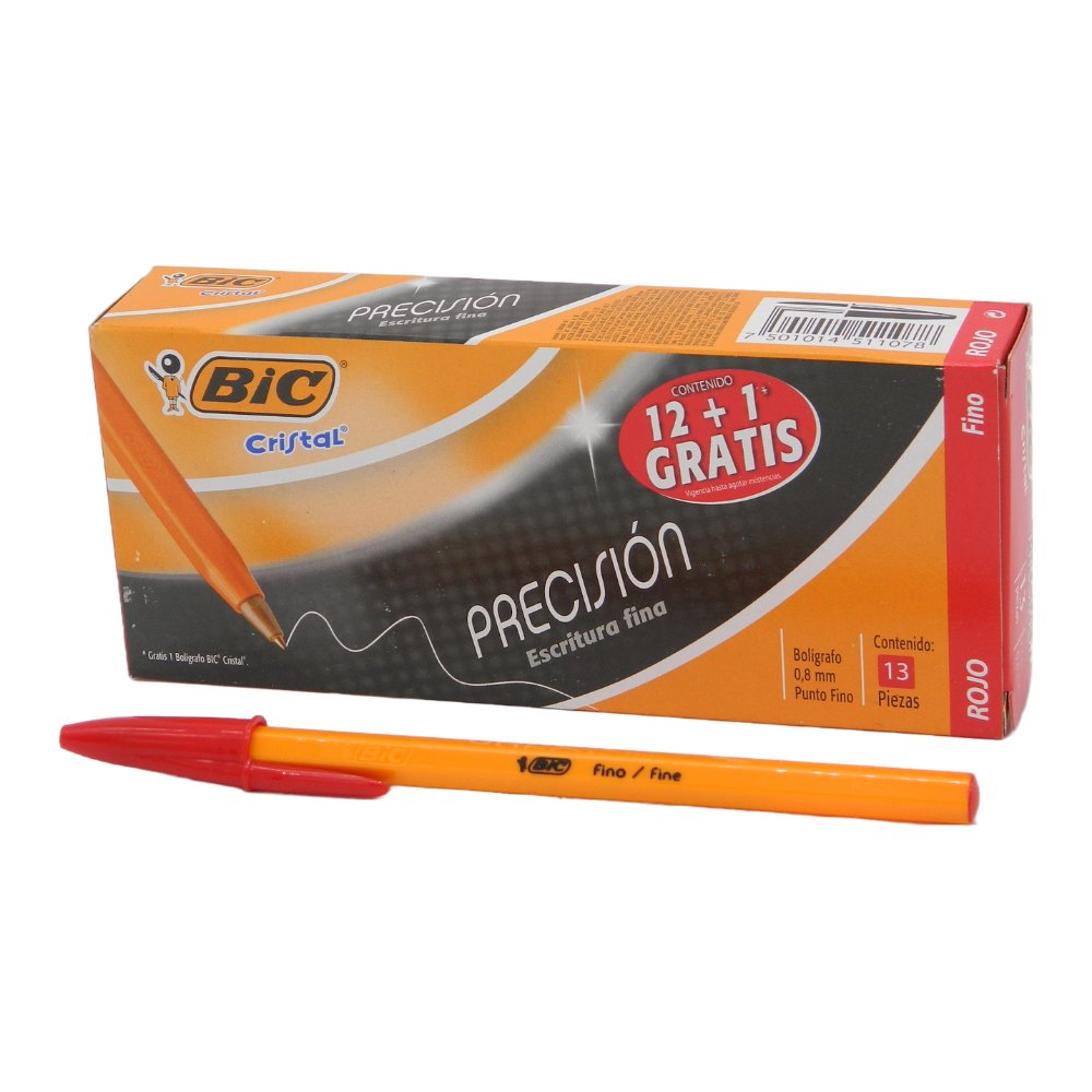 Pluma Bic 0.8 mm P/ Fino Rojo C/ 12 pzs Bic