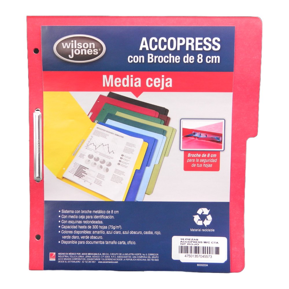 Folder Accopress C/ Broche T/ Carta Rojo C/ 10 pzs Acco