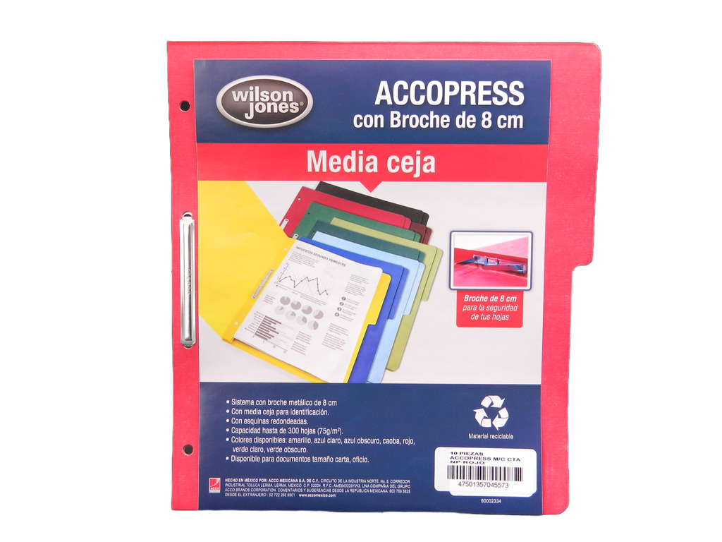 Folder Accopress C/ Broche T/ Carta Rojo C/ 10 pzs Acco