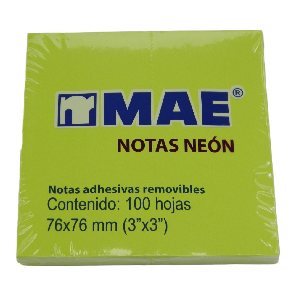 Notas Adhesivas Neon 3 x 3 Verde C/ 100 pzs Mae