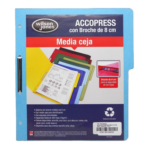[002597] Folder Accopress C/ Broche T/ Carta Azul Claro C/ 10 pzs Acco