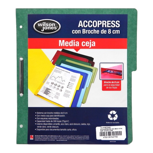 [002600] Folder Accopress C/ Broche T/ Carta Verde Obscuro C/ 10 pzs Acco