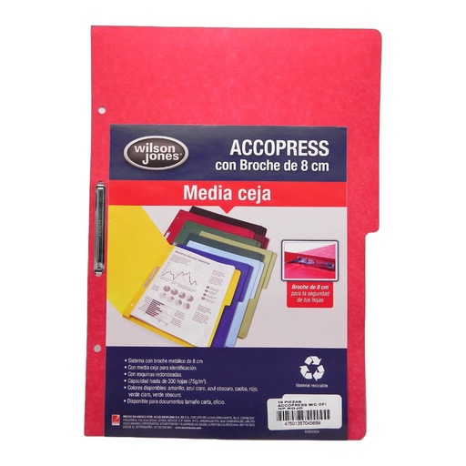 [002606] Folder Accopress C/ Broche T/ Oficio Rojo C/ 10 pzs Acco