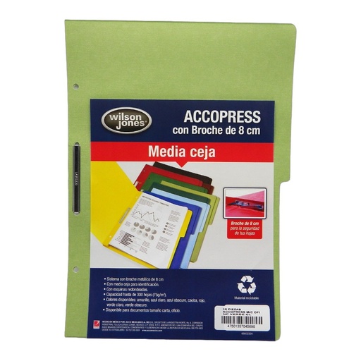 [002607] Folder Accopress C/ Broche T/ Oficio Verde Claro C/ 10 pzs Acco