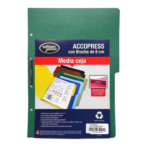 [002608] Folder Accopress C/ Broche T/ Oficio Verde Obscuro C/ 10 pzs Acco