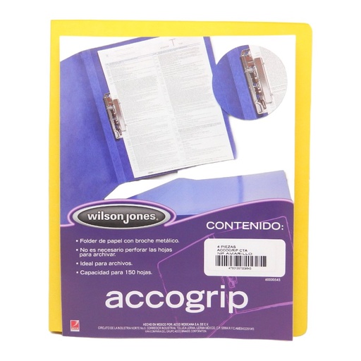 [002609] Folder Accogrip C/ Palanca T/ Carta Amarillo C/ 4 pzs Acco