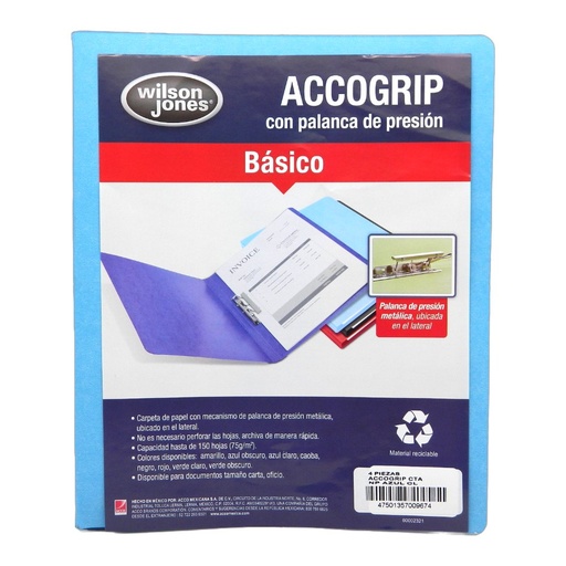[002610] Folder Accogrip C/ Palanca T/ Carta Azul Claro C/ 4 pzs Acco
