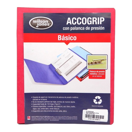 [002612] Folder Accogrip C/ Palanca T/ Carta Rojo C/ 4 pzs Acco