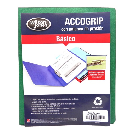 [002613] Folder Accogrip C/ Palanca T/ Carta Verde Obscuro C/ 4 pzs Acco