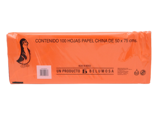 [002680] Papel China Pingüino 50x75 cms Naranja C/ 100 pzs Belumosa