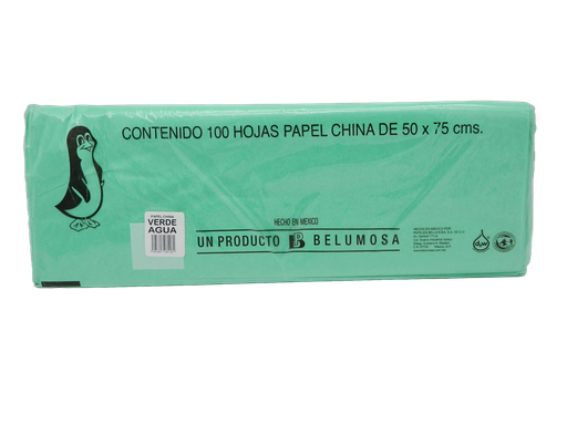 [003986] Papel China Pingüino 50x75 cms Verde Agua C/ 100 pzs Belumosa